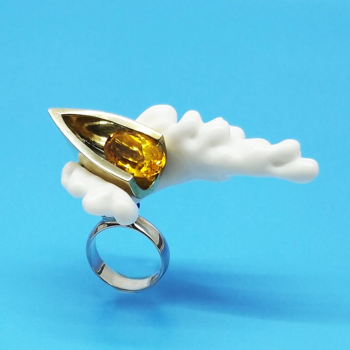 ring with deep yellow citrine and white waves